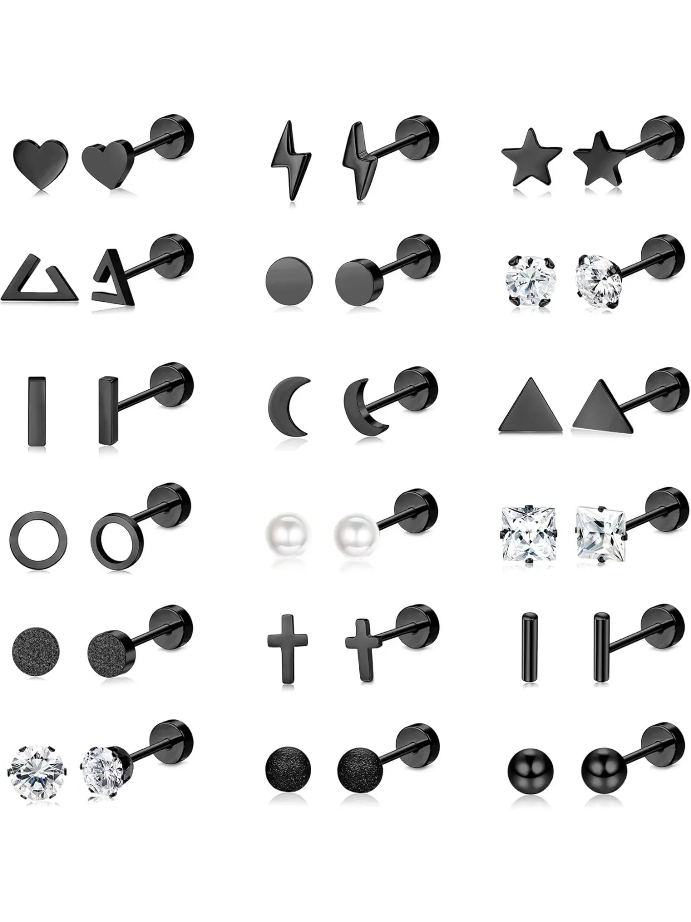18 Pairs Surgical Stainless Steel Stud Earrings Jewelry For Women Men 20G Cartilage Earrings Studs Cross Moon Star Small Stud Earrings Black Gold Screw Flat Back Earrings Ear Piercing Studs Set