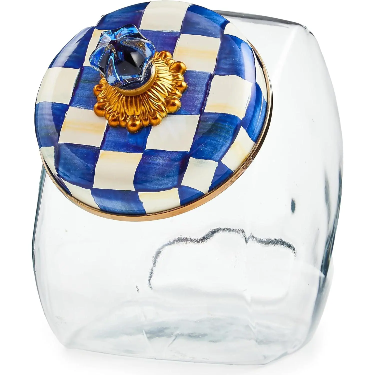 Sweets Jar with Enamel Lid, Small Glass Cookie Jar or Kitchen Jar, 0.5-Gallon Capacity, Blue-and-White Royal Check