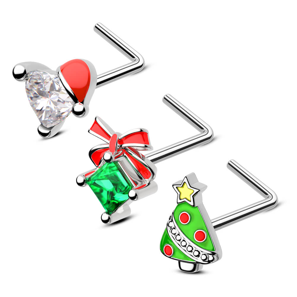 Oufer  Christmas3PCS 20G Christmas L-shaped Nose Piercing Ring Set with Santa Boots Tree Cubic Zirconia for Festive Holiday Wear