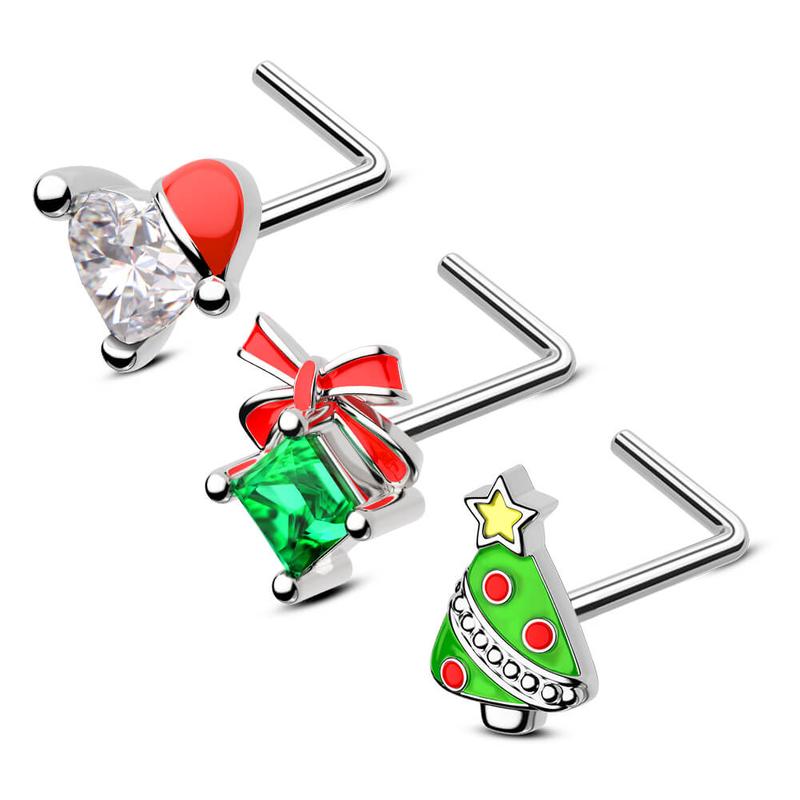 Oufer  Christmas3PCS 20G Christmas L-shaped Nose Piercing Ring Set with Santa Boots Tree Cubic Zirconia for Festive Holiday Wear