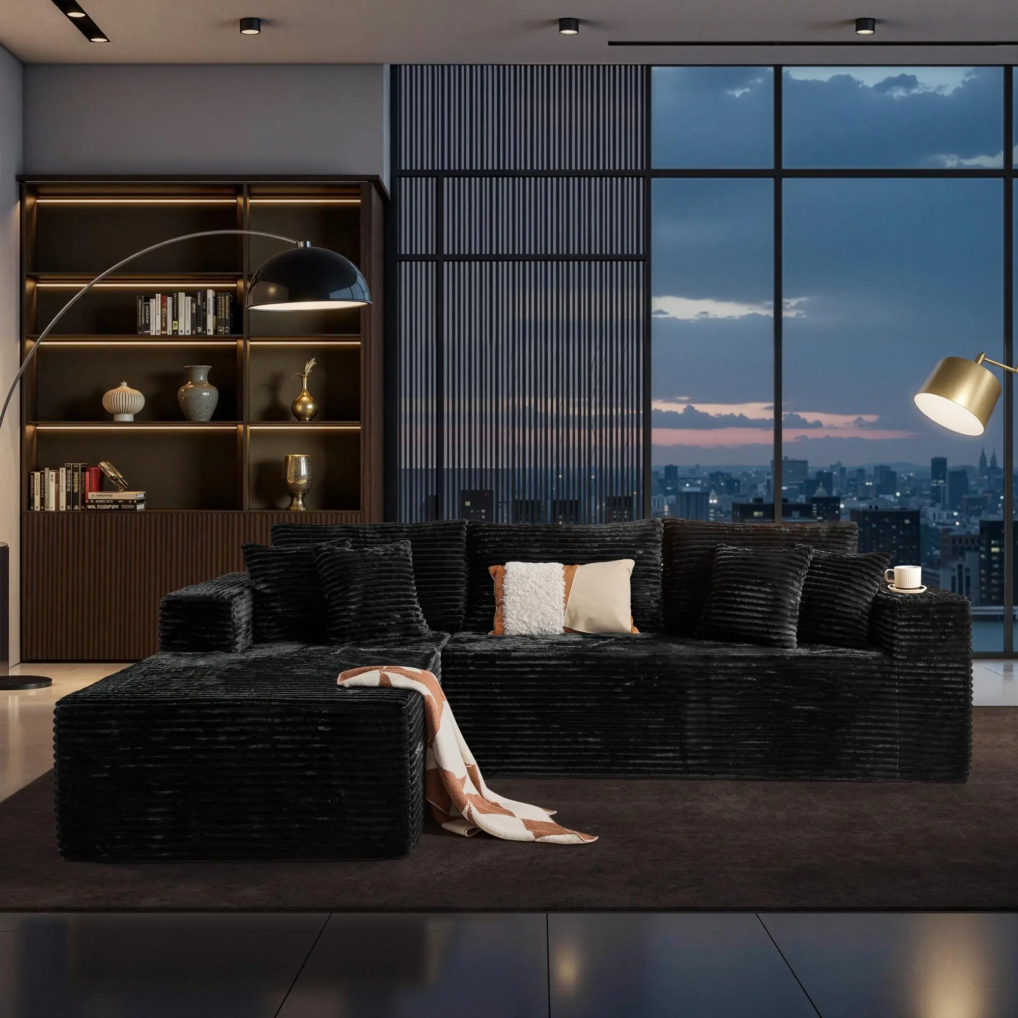 108“Black L Shaped Sofa Whit Left CHair