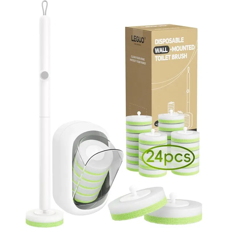 Wall Mounted Disposable Brush System with Holder, Bowl Wand with Green Refills and One-Button Release, 1 Wand and Holder with 24 Green Refills