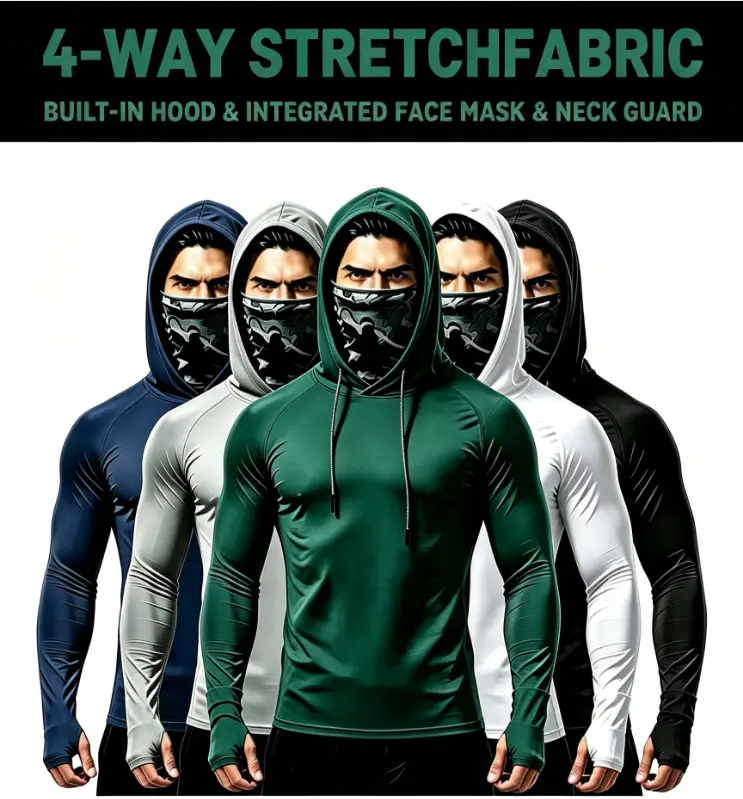 5 Piece Set Men UV Sun Protection Compression Hoodies, Polyester Breathable Long Sleeve Tops with Built-in Face Mask & Neck Guard for Outdoor Work