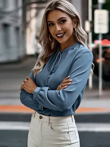 A women's smoky blue high-collar Long Sleeve Fitted chiffon blouse shirts with tie detail, Top, suitable for office, casual shopping, afternoon tea dates