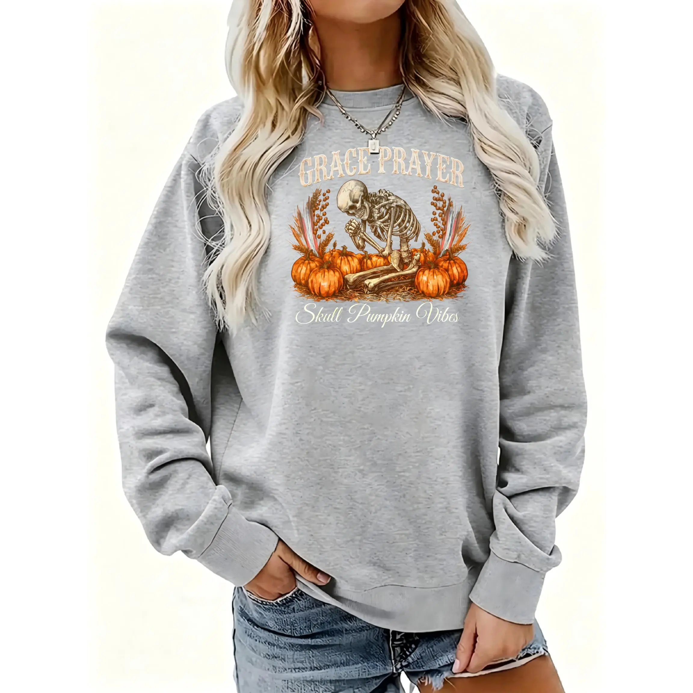 Women's Skeleton Pumpkin Autumn Harvest Design Crewneck Sweatshirt | Soft Stretchy Long Sleeve Pullover | Cozy Fall Layering Essential For Casual Daily, Office & Streetwear Looks