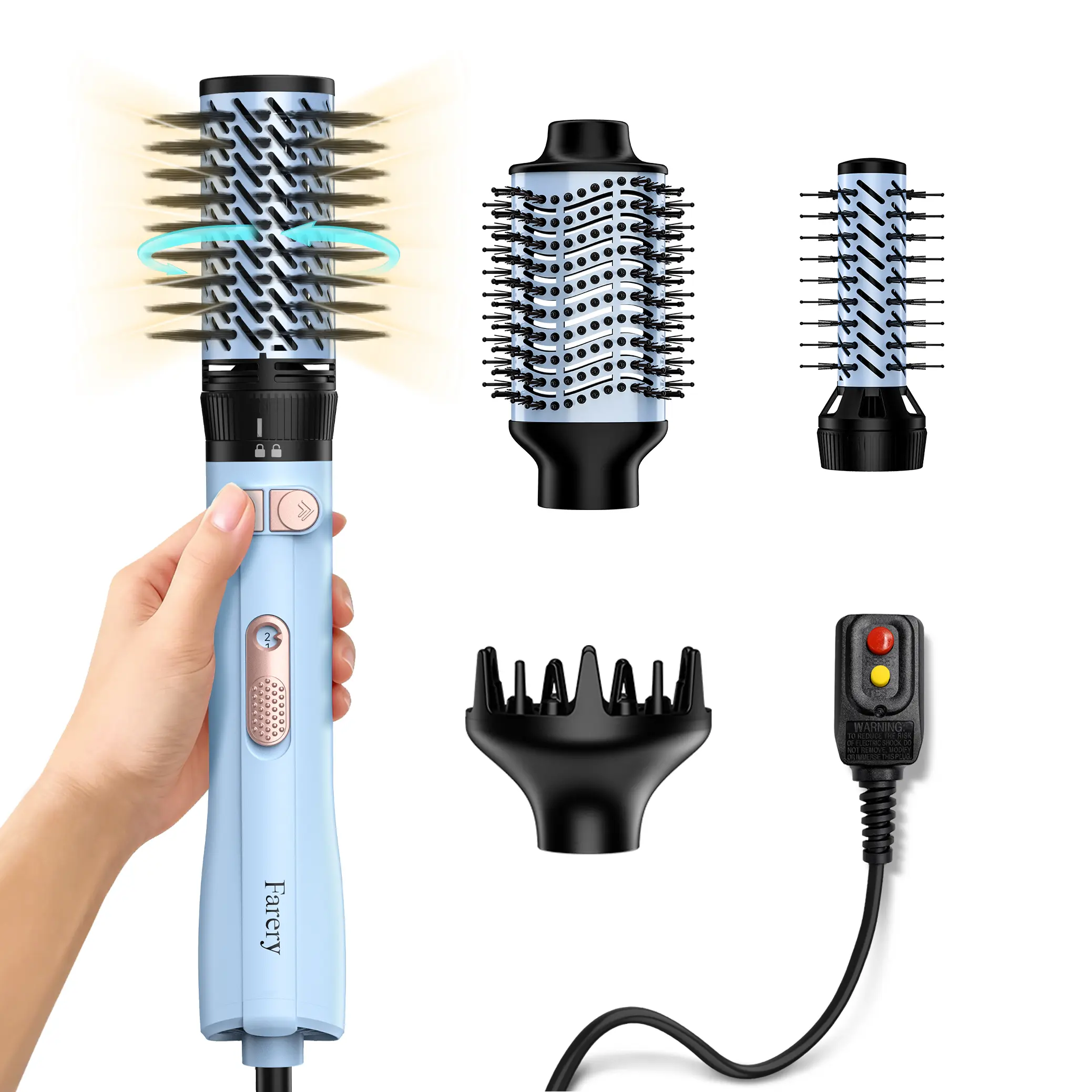 Farery Rotating Hot Air Brush Set 1000W — 4 in 1 Volumizer & Styling Finisher,  Hold-to-Rotate Round Brush for Volume & Smooth