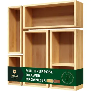 5-Piece Bamboo Drawer Organizer Set – Multi-Use Trays for,, Office, Makeup, Jewelry & More – Junk Drawer Tray, Utensil Holder, Box & Bin Set (5 Boxes)