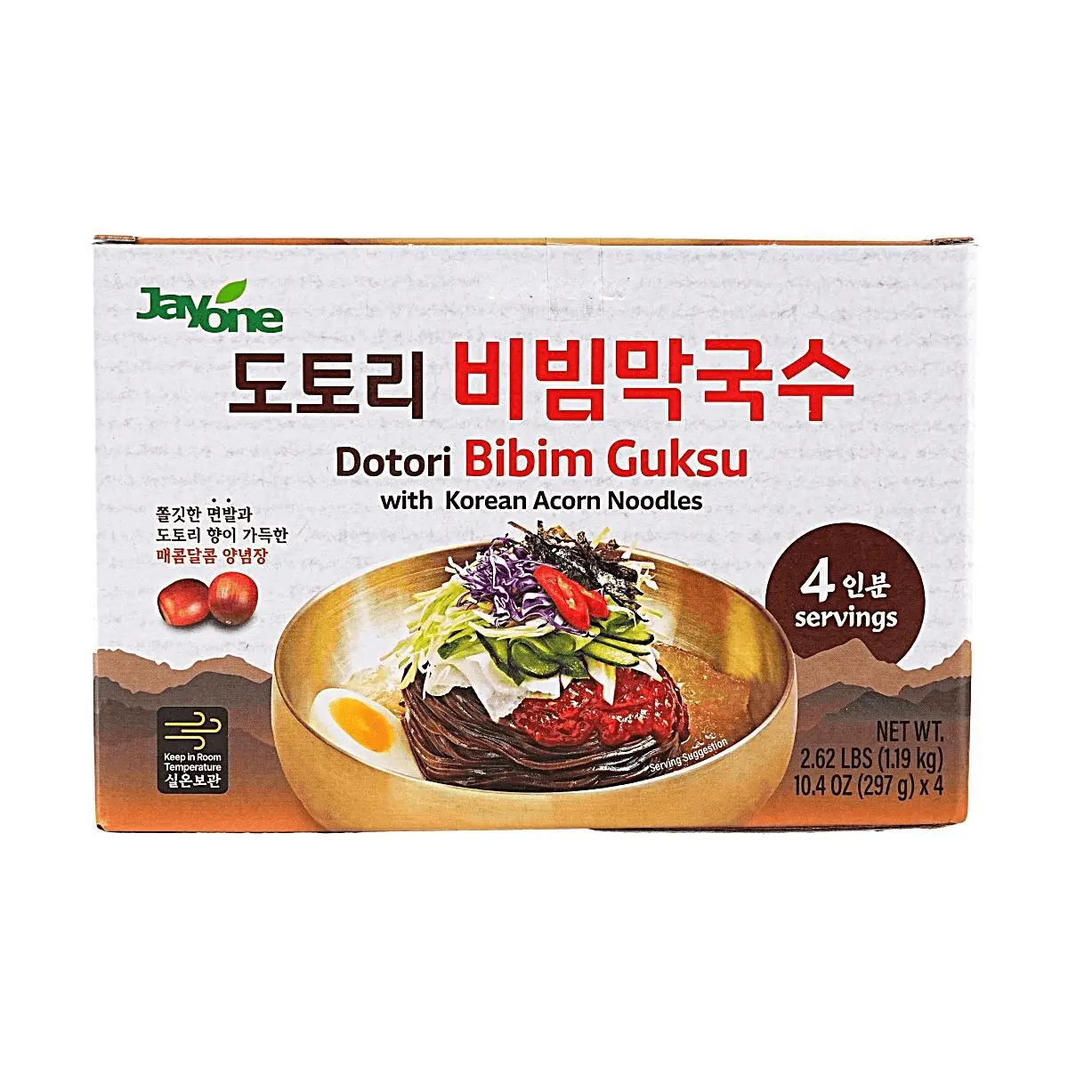 JAYONE Korean Acorn Noodle Bibim Guksu 4 Pack 10.48oz Each - Cold Noodle Salad with Sauce, Chewy Summer Meal