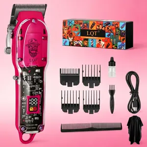 LQT Transparent Pink Hair Clipper, Cordless Rechargeable Barber Trimmer with Visible Circuit Board, LCD Display Professional Hair Cutting Tool with Full Accessories