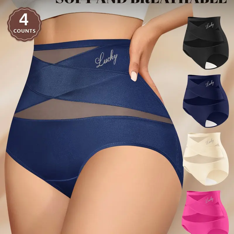 【Black Friday】MEIYATING Women's High-Waist Mesh Panties, Breathable Stretch Panties, 4-Piece Set, Soft Comfortable Everyday Innerwear, Sizes XS-XXXXXL, Multiple Colors