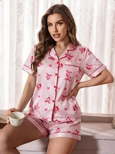 Women's Bowknot Printed Sleepwear Set, Collared Button Short Sleeve Top & Loose Comfortable Shorts, Elegant Ladies' Pajamas