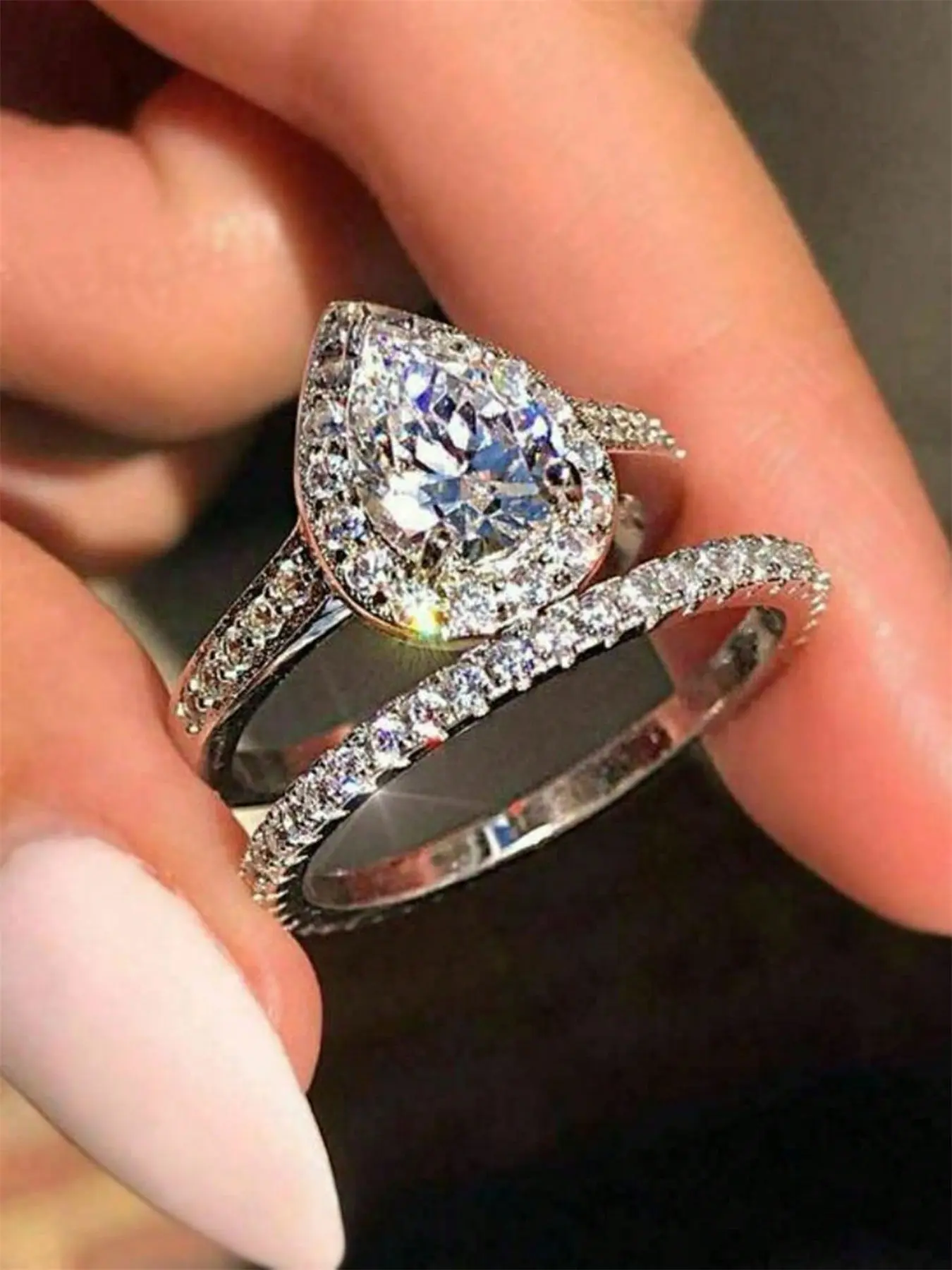 2 PC/Set Classical Cubic Zirconia Beautiful Rings Teardrop Bridal Ring Sets For Women For Valentine's Day Gift Wedding Anniversary Party Jewelry