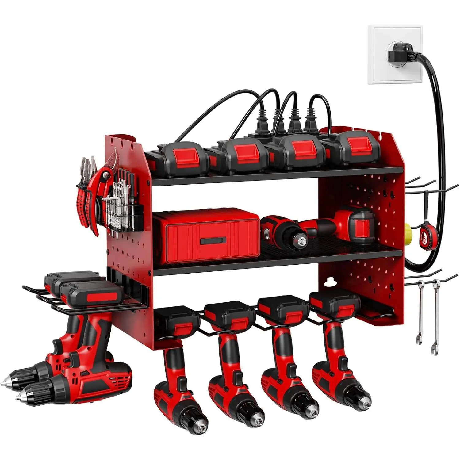 Power Tool Organizer Wall Mount, 3-Tier with 4 Outlet Charging Station| 100lbs Load Heavy Duty Garage Storage Rack for Drills, Batteries, Tools| Gift for Men, Dad, Workshop & Pegboard Red