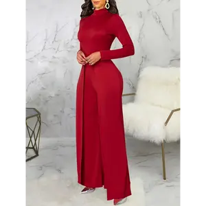 Stylish Solid Wide Leg Jumpsuit for Women Elegant Long Sleeve Crew Neck Loose Fit in Comfortable Polyester Knit Fabric for Spring & Fall Red Overalls Collar Chic
