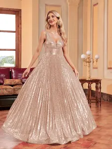 Women's Glitter Sequin Pleated A Line Dress, Summer Clothes Women, Womenswear, Elegant Aesthetic Sleeveless Maxi Dress for Party Banquet Evening Formal Wear, Ladies Occasional Wear