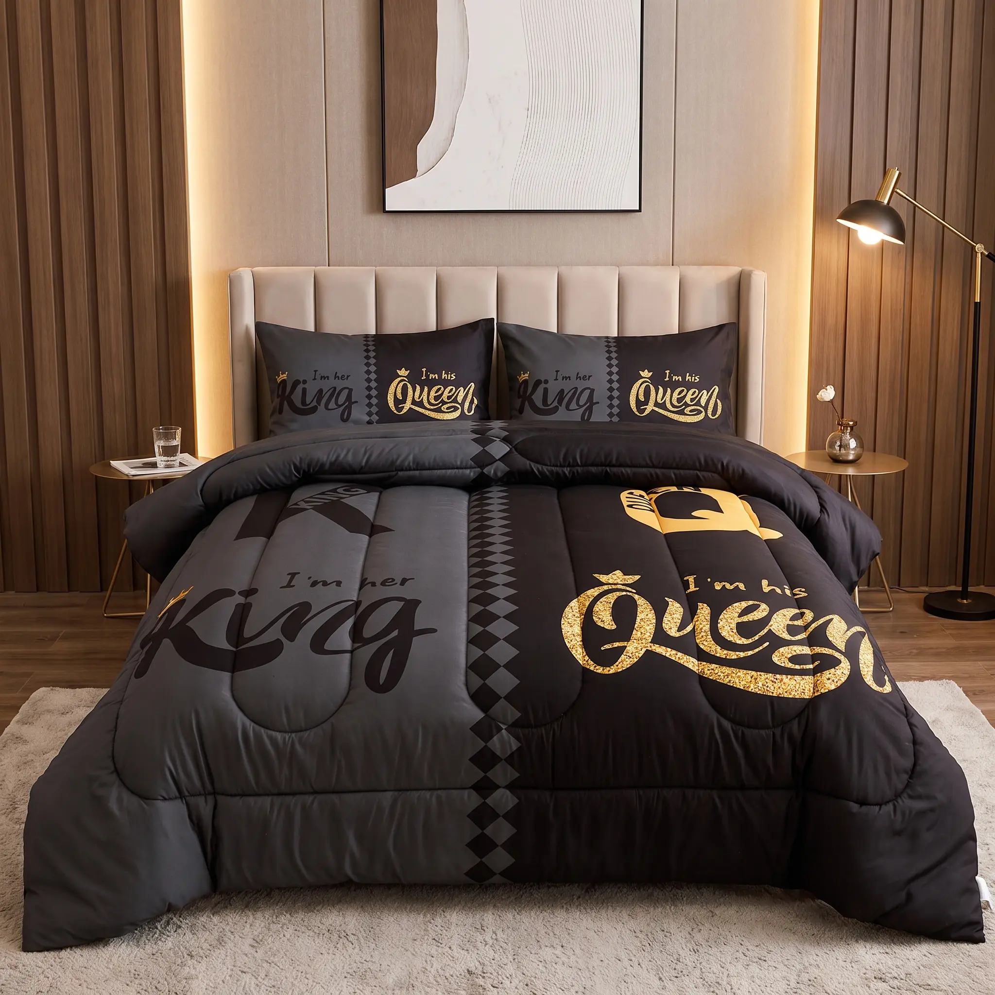 3-Piece Crown Letter Color Block Quilt Set for Couples – Super Soft Breathable Microfiber comforter Bedding with Lightweight All-Season Quilt, Machine Washable for Bedroom Dorm Home (1 Quilt + 2 Pillowcases） mid year sale