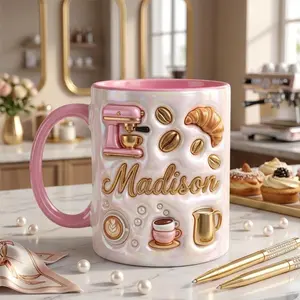 Personalized Coffee Mug, 2D Printed 3D Effect Custom Name Ceramic Coffee Cup with Cute Café Latte Barista Bakery Design for Coffee Lovers and Baristas, Perfect for Daily Use, Birthday, Christmas and Gift for Coffee Enthusiasts Keepsake