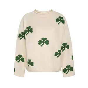 Lucky Clover Print Sweater Women | St. Patrick’s Day Knit Pullover | Soft Casual Loose Fit Jumper | Cozy Irish Style Top #cloversweater #luckystyle #fallfashion-D240108