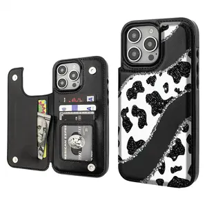 Kawaii Cow leopard print Pattern Phone Cases,Compatible For SAMSUNG GALAXY S22 S23 S24 ULTRA PLUS Premium Leather Flip Wallet with Card Bag Holder Women Gift Shockproof Protection,Black/Brown/Pink, Cover Shell Casing