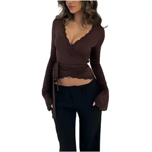 Women Wrap Top Long Sleeve Deep V Neck Cross Tie Workout Ballet Pilates Yoga Shirt Lace TrimFitted Shirt