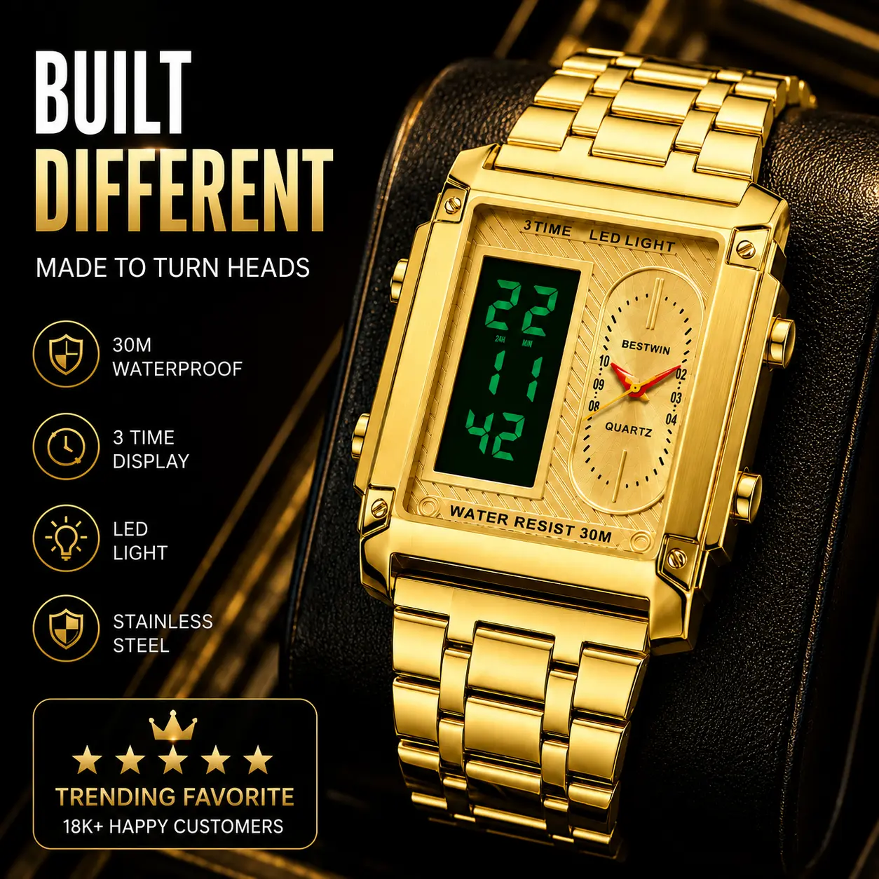 DealsForYouDays Luxury Square Gold Tone Men’s Wrist Watch, LED Display Water Resistant Quartz Timepiece, Fashion Casual Accessory Suitable For Anniversary Celebration, Birthday Present And Daily Outdoor Daily Business Wear For Adult Males