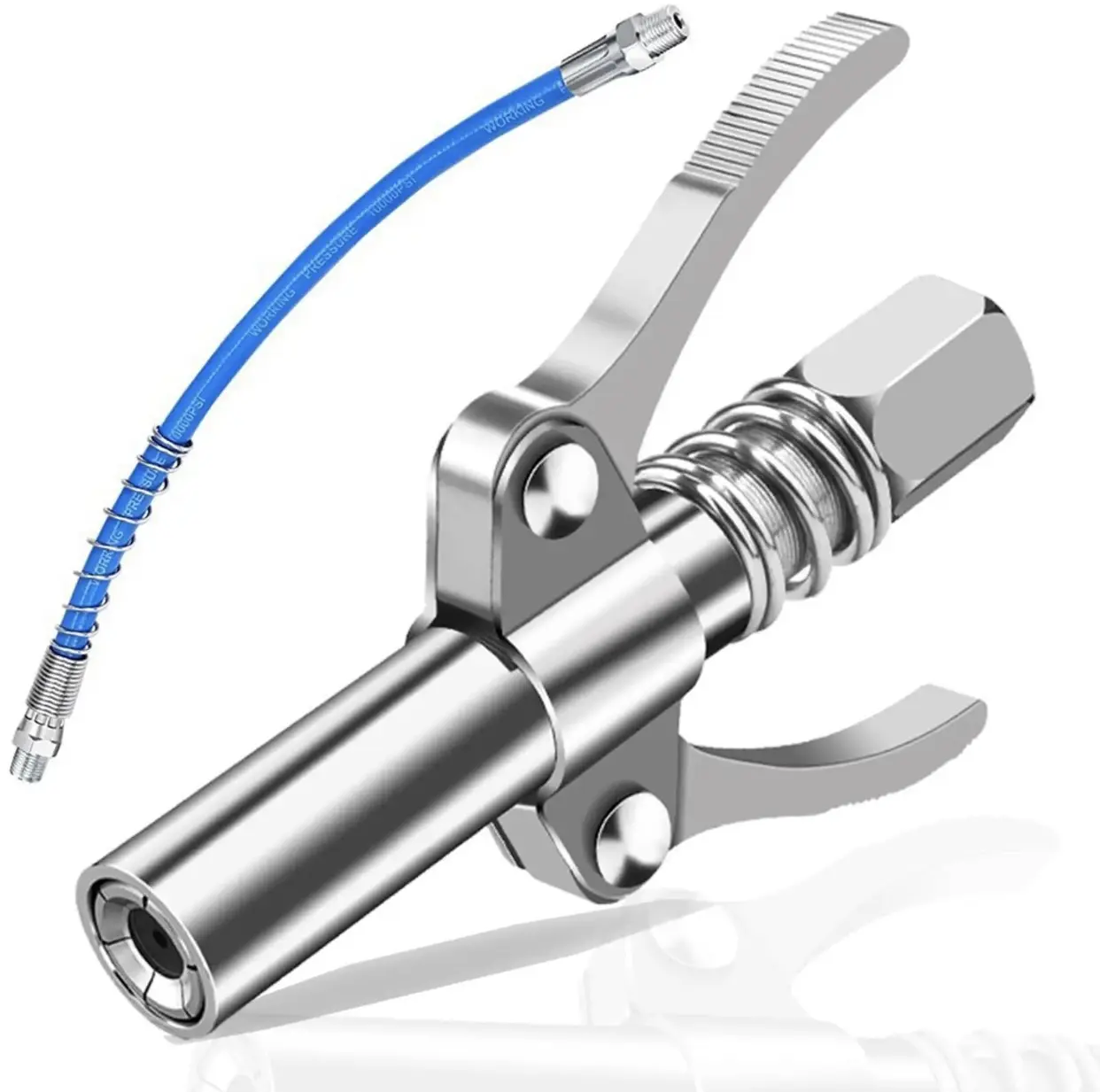 Quick-Lock Grease Gun Coupler 12-Inch Hose 12000 PSI 6-Jaw Locking Tip for Secure Leak-Free Connection 1/8 NPT Ends for Pneumatic and Electric Grease Guns Automotive and Industrial Machinery