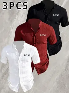 3pcs Men's BQSS，Summer Short Sleeve Shirt - Lightweight Breathable Solid Color Plain Button-Up Casual Shirt with Stand Collar, Low-cut collar designr Beach Vacation, Pool Party & Casual Attire, Beach Shirt, gift for husband