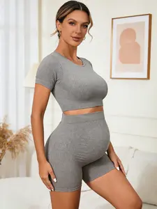 Seamless Knitted Short Sleeve Shorts Maternity Yoga Set, Women's Sportswear for Indoor Outdoor, Casual Versatile