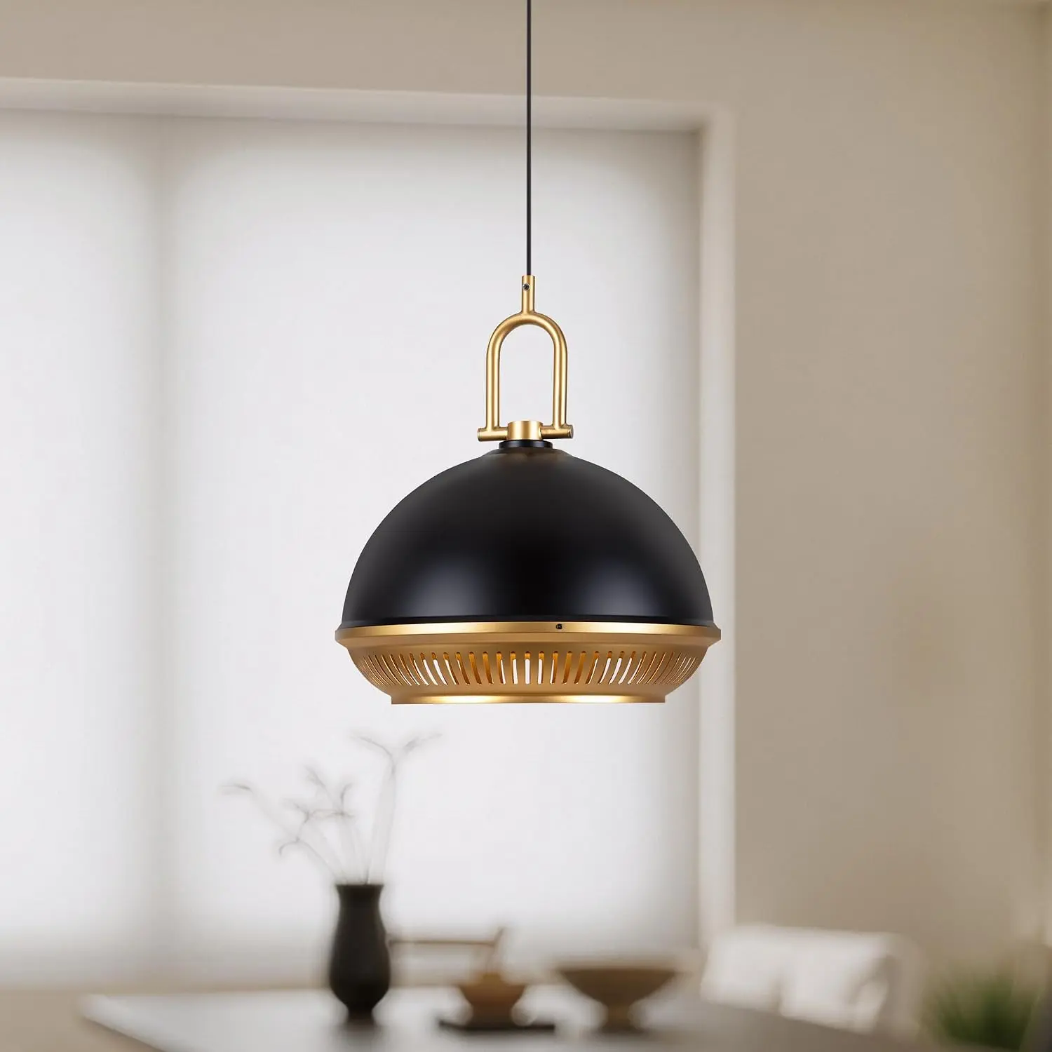 Tubicen Industrial Dome Pendant Light Black and Gold 9.8in Dome Chandelier | Dimmable Ceiling Hanging Kitchen Island Lighting Fixture Modern Vintage Metal Pendant Lights for Dining Room Bedroom