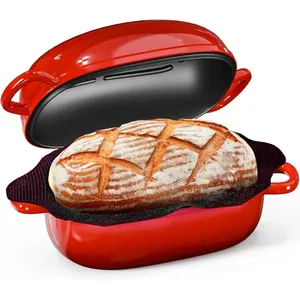 Cast Iron Dutch Bread Oven - 2.5QT Dutch Oven for Sourdough Bread Baking, Cast Iron Bread Loaf Pan with Perforated Non-Stick  Liner, Blue Oval Bread Baking Pan,  for Family & Baker,Red