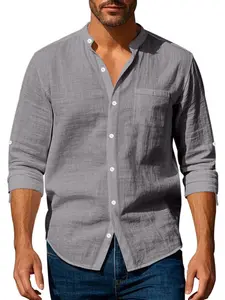 Men's 5 Colors Linen Blend Stand Collar Shirt, Roll-Up Long Sleeve Button Down Casual Tops, Lightweight Breathable Summer Beach Vacation Shirt with Pocket