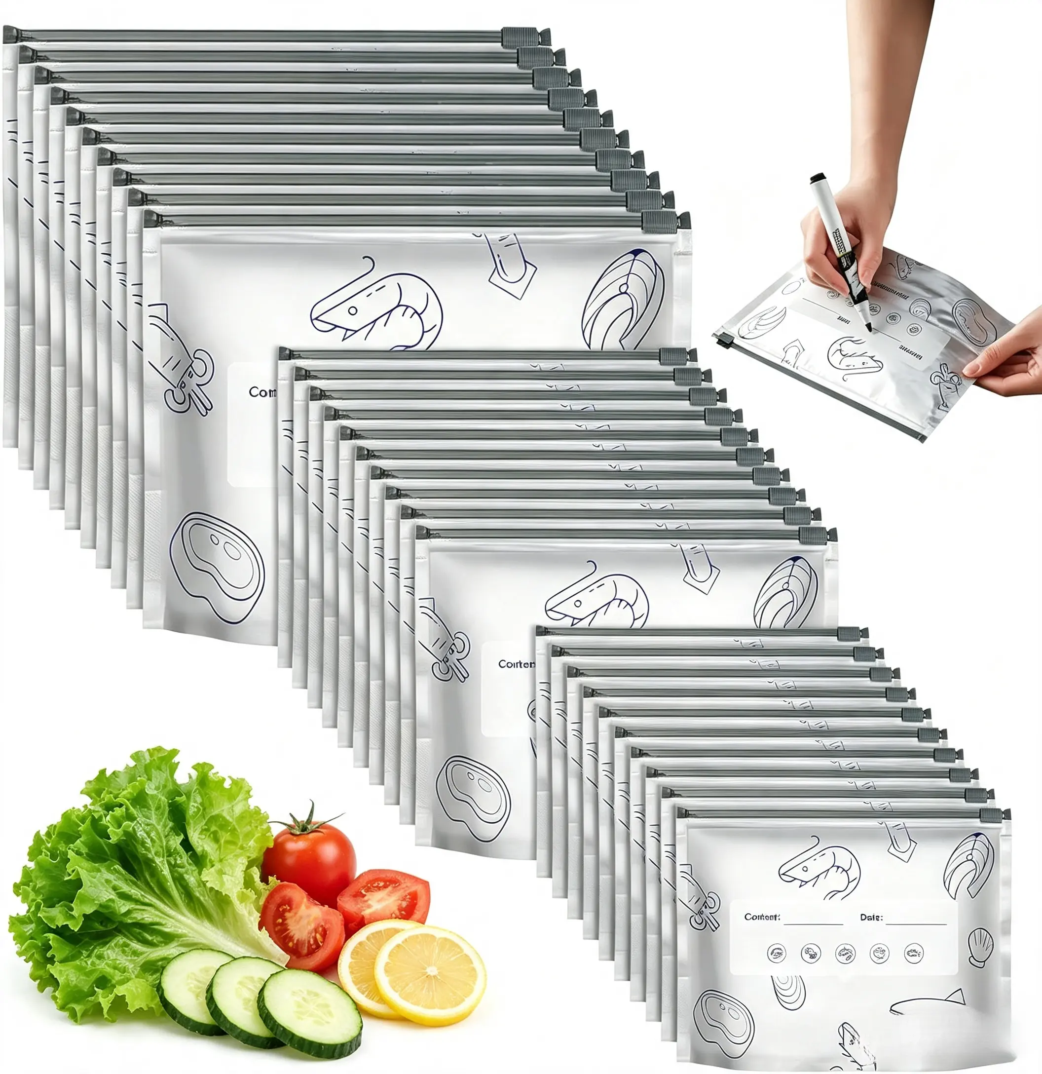 30PCS Reusable Aluminum Foil Sealable Storage Bags Set - 3 Sizes Stand-Up Resealable Zip-Lock Pouches with Label Area, Kitchen Airtight Containers for Vegetable, Fruit, Meat Organization