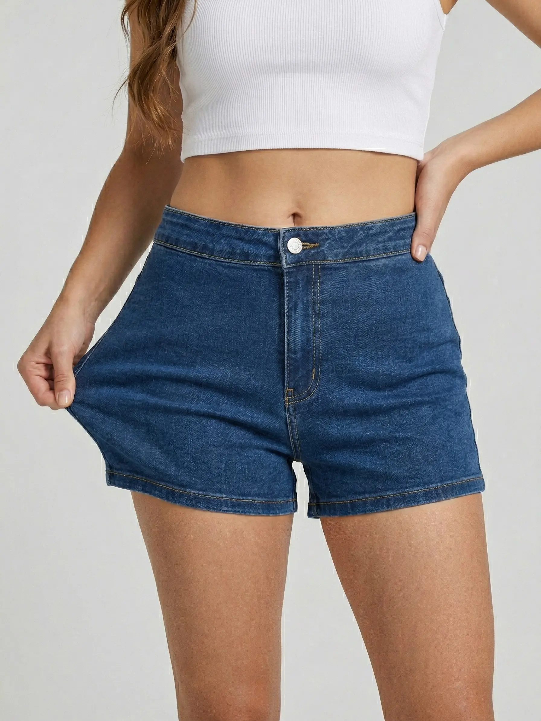 Women's High Waisted Basic Butt-Lifting Denim Jeans Shorts - 73.00% Viscose, 2.00% Polyester, Spandex-Cotton, Slim-Fitting, Stretchy, Comfortable, Casual Plain, Above The Knee, Minimalist Black-0002 Summer Everyday Outdoor Essential Bottoms