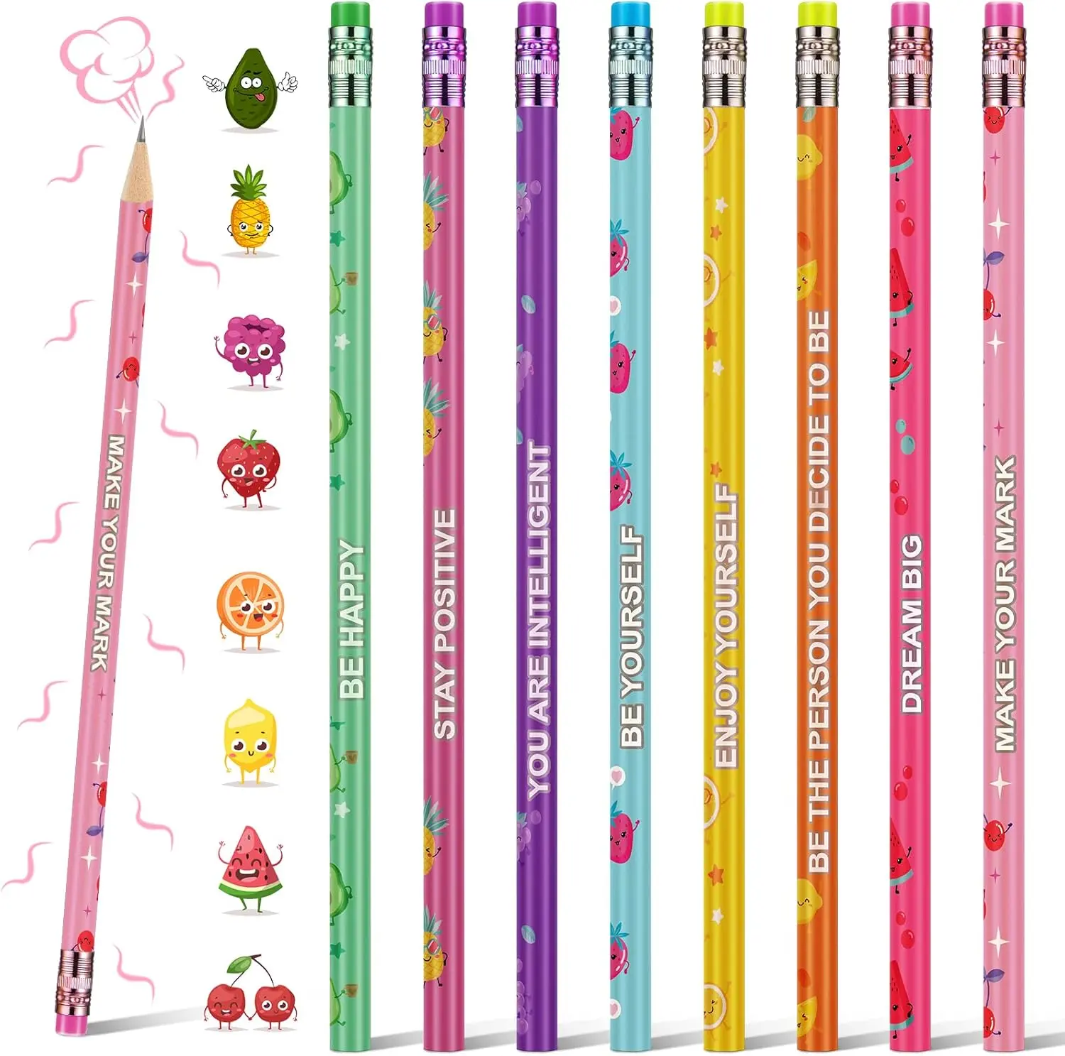 72-Count Cute Scented Fruit HB Graphite Pencils Bulk with Erasers, Inspirational Colorful Office Stationery Writing Tools, Long-Lasting for School Students, Artists