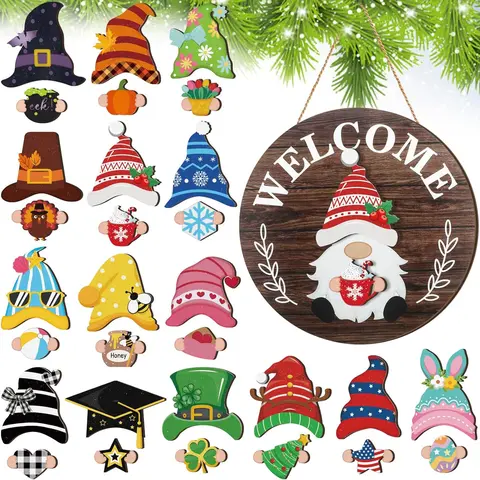 Gejoy Season Gnome Decor Interchangeable Welcome Sign Fall Door Wreath Halloween Wooden Sign With Detachable Hats Hanger For Home Graden Porch Halloween Christmas Thanksgiving Autumn Party, Season Gnomes Decor, Housewarming Gift, Door Wreath