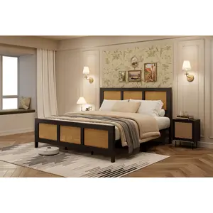 Boho White Queen/King/Full Cane Platform Bed, Elegant Woven Rattan Headboard Design, Durable Reinforced Metal Slat Support, Quiet Noise-Free Sleeping Structure, Chic Bohemian Bedroom Decor, Smooth Simple Installation, No Box Spring Required