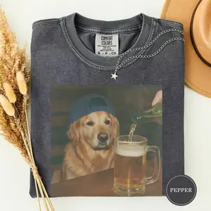 Comfort Colors Funny Golden Retriever Beer Shirt, Drinking Dog Meme Graphic Tee, Silly Humor Design, Gift for Dog Lovers, Men, Women