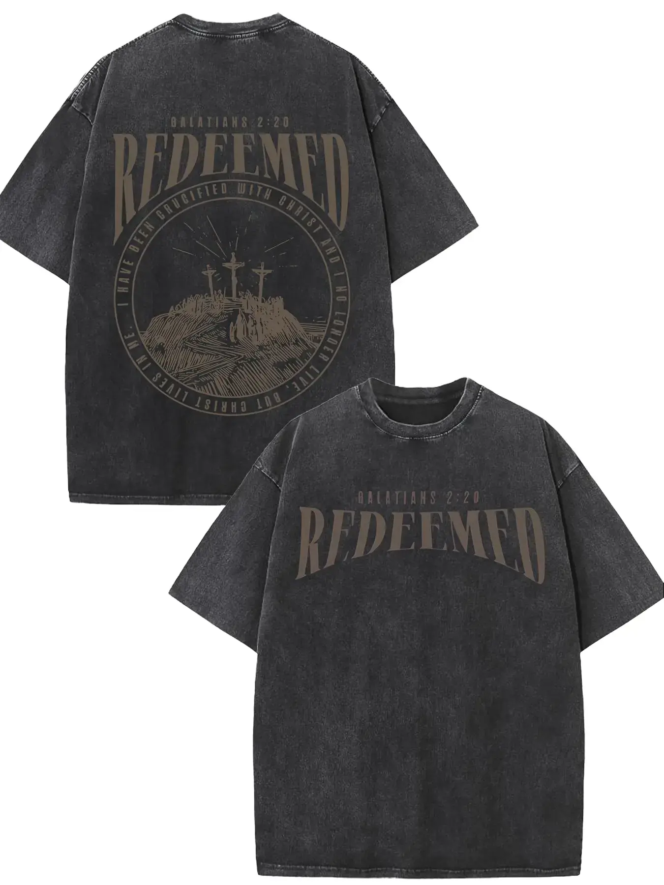 REDEEMED Men's 220g Heavyweight Distressed Short-Sleeve Crew Neck Cotton T-Shirt, Vintage Graphic Tees, Dual-Sided Retro Christian Jesus & Cross Print with Romans 3:23, Soft Washed Loose Fit, Machine Washable Casual Streetwear Top for Beach Use