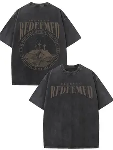 REDEEMED Men's 220g Heavyweight Distressed Short-Sleeve Crew Neck Cotton T-Shirt, Vintage Graphic Casual Menswear Streetwear Top, Dual-Sided Retro Christian Jesus Print with Cross & Romans 3:23, Soft Washed Loose, Machine Washable for Casual Beach Use, Ro