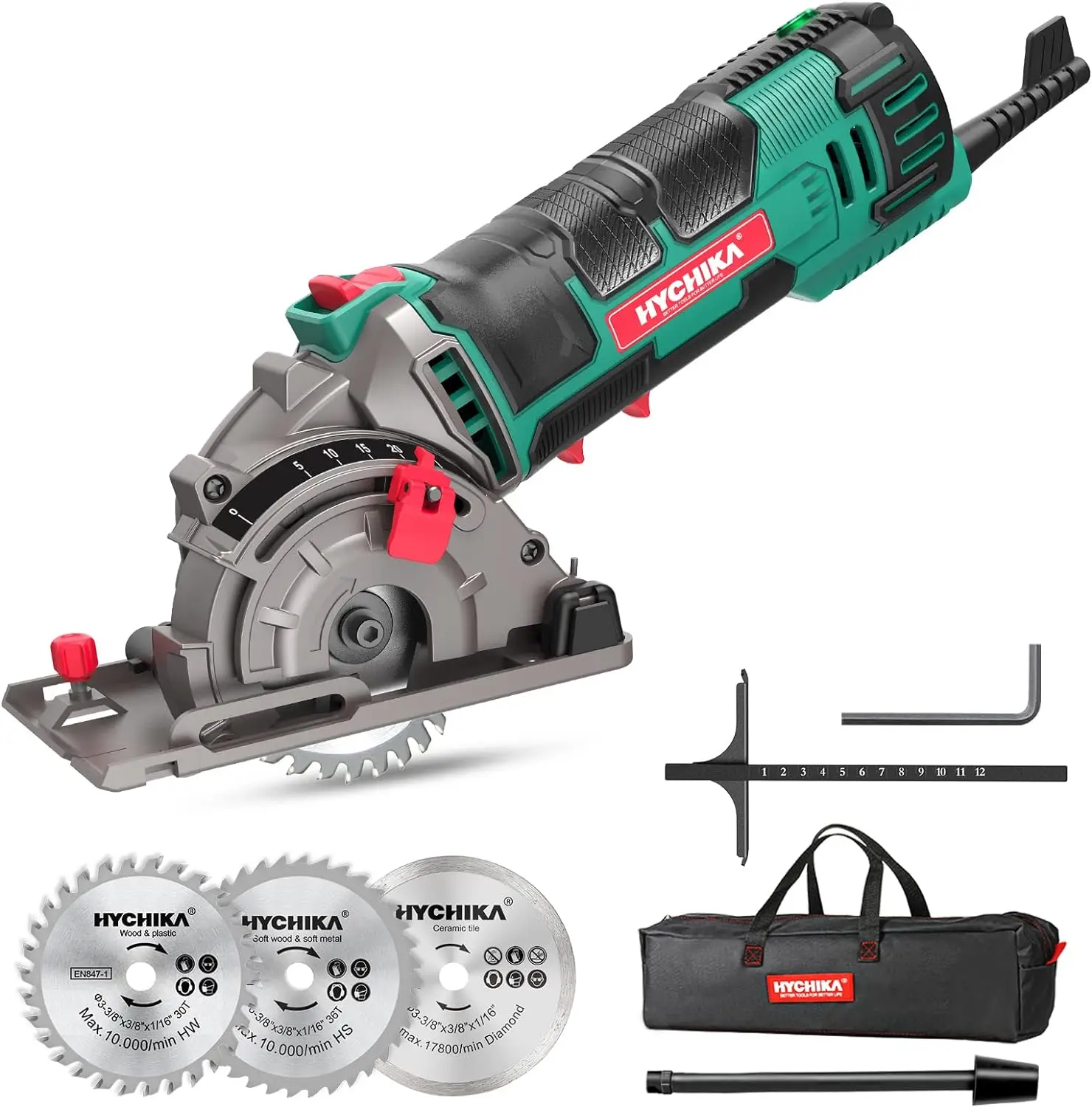Cordless Mini Circular Saw with 3 Blades (Including Diamond Blades), 4A Pure Copper Motor, 3-3/8” 4500RPM, Scale Ruler, Portable Tool Box, Rubber Grip Power Tool for Home Wood, Soft Metal Cuts, Diamond Saw Blades