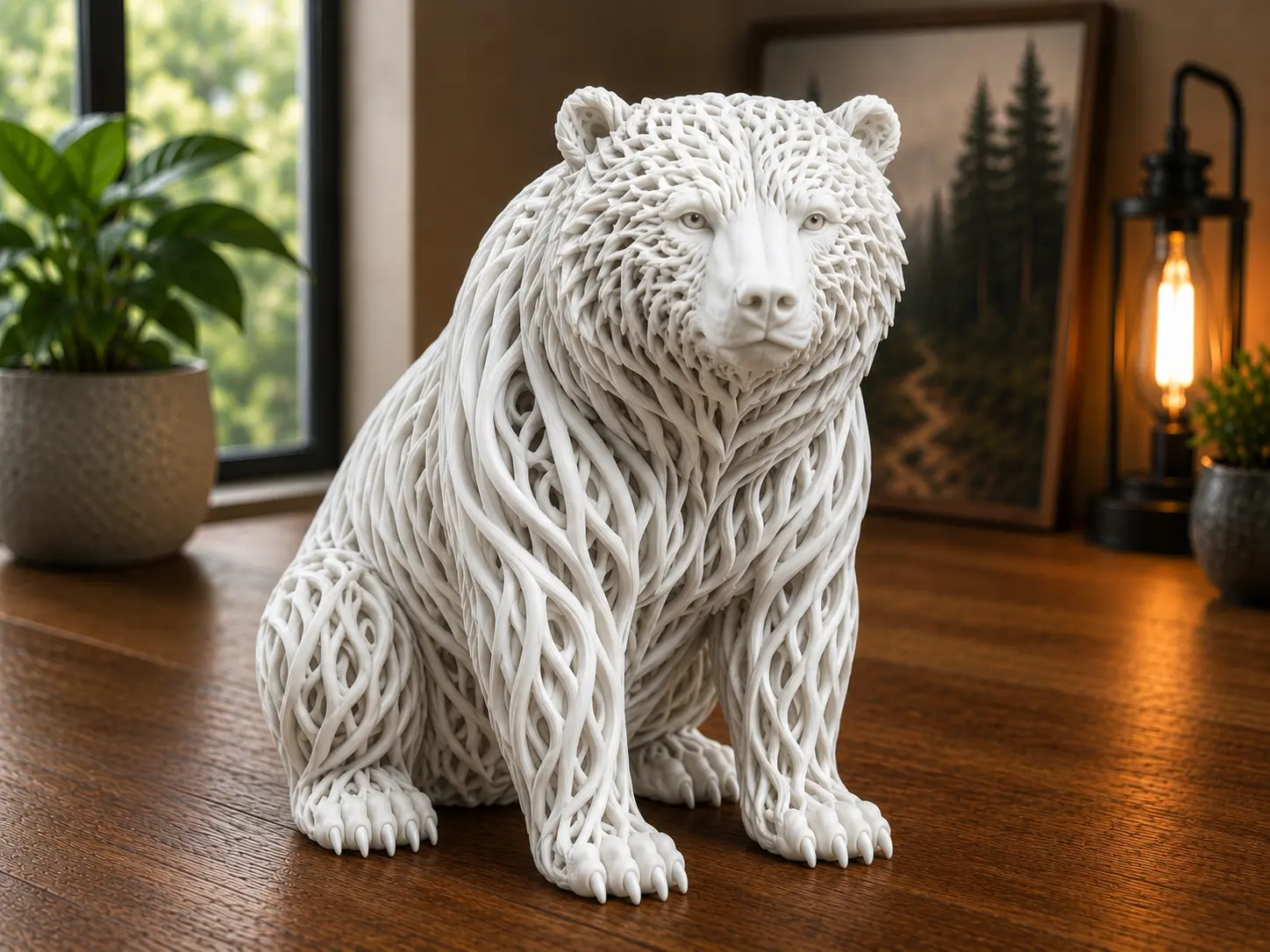 3D Printed Woven Bear Sculpture | Wire-Style Wildlife Decor