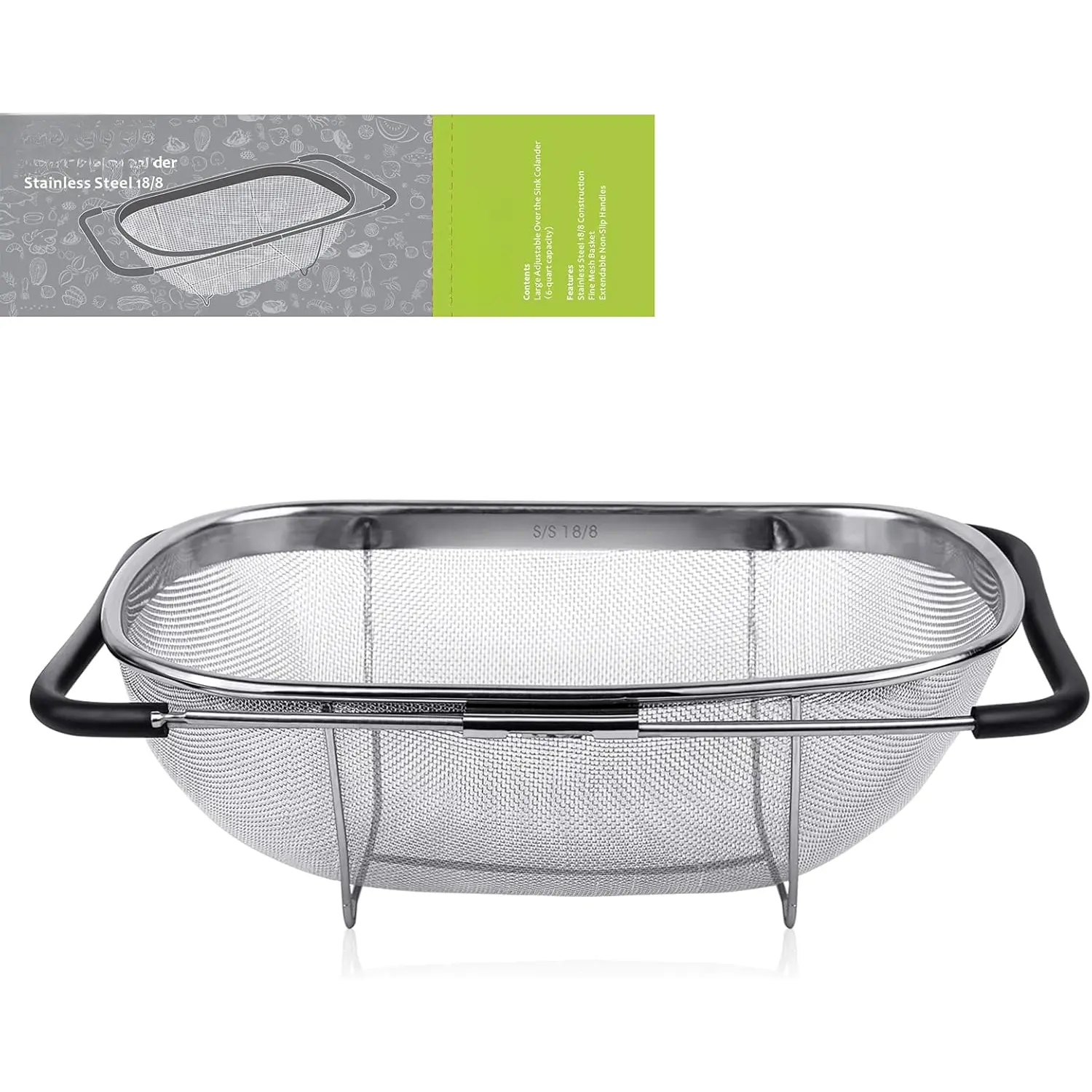 6-Quart Large Over The Sink Colander, Heavy Duty 18/8 Stainless Steel Fine Mesh Strainer Basket with Expandable Rubber Grip Handles - , Drain, Rinse Fruits, Vegetables