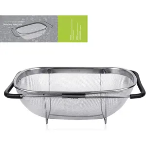 6-Quart Large Over The Sink Colander, Heavy Duty 18/8 Stainless Steel Fine Mesh Strainer Basket with Expandable Rubber Grip Handles - , Drain, Rinse Fruits, Vegetables