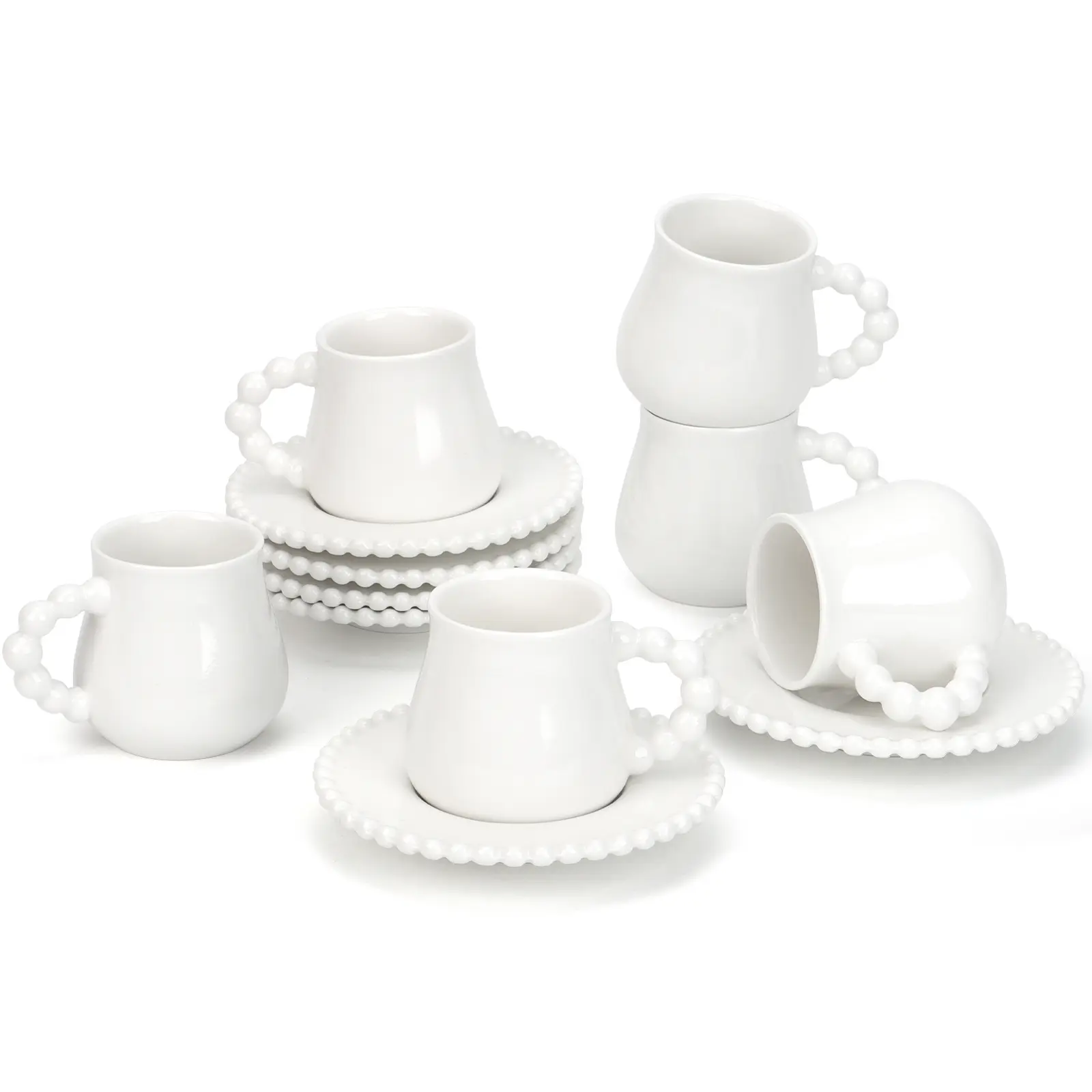 [Small Size] 100ml Coffee Cup Set of 6 with Saucers 3.5 OZ Ceramic Espresso Cups Elegant Deco Turkish Coffee Cup Gift for Cappuccino Latte Cafe Mocha and Tea Dishwasher Microwave Safe Perfect for Coffee Lovers Christmas Wedding and Housewarming Gifts