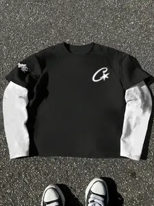 Faux Two-Piece Graphic Long Sleeve T-Shirt, American Style Letter Pattern, Casual Daily Wear, Unisex Couple, Fit