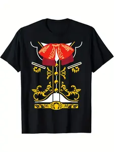 Men'S Mexican Mariachi Charro Cinco De Mayo Costume T-Shirt - Black Featuring a Red & Golden Traditional Mariachi Suit Design.Short Sleeve, Round Neck