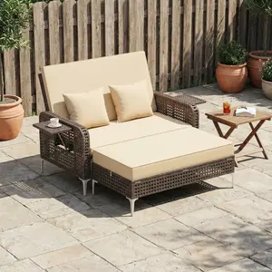 Spaco 2 Piece Patio Rattan Daybed Set - Brown Wicker Loveseat & Ottoman Combo with Adjustable Backrest, All-Weather Outdoor Furniture for Backyard, Poolside & Garden Relaxation