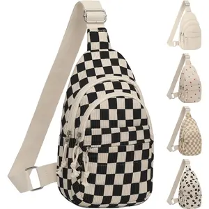 Corduroy Small Crossbody Bags for Women Teen Girls Trendy, Cute Sling Bag for Girls Travel Hiking, Checkered Black