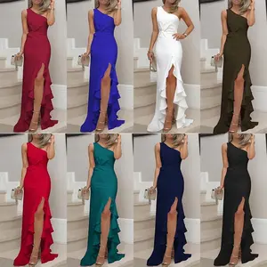 Spot New European and American Split Ruffled Large Swing Evening Dress Dress Om8875 Clothes Formal