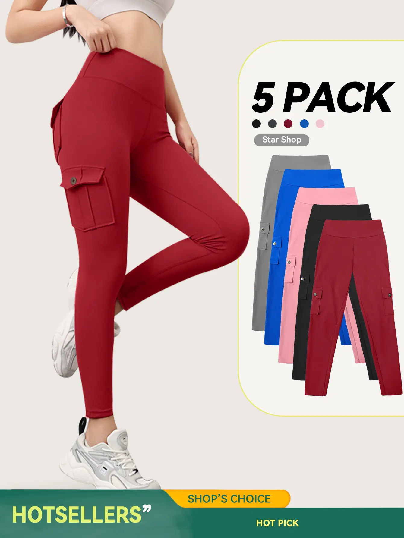 CQQ Women's High Waist Leggings 5-Piece Set - Athleisure Style Bottoms, High Stretch Bottoms, Sports Stretchy Leggings, Plus Size Clothes, Tummy-Tucking, 4-Way Stretch Interlock Fabric, Pockets, Gym Outfit, Long Athletic Knit for Yoga, Running, Gym Outfit